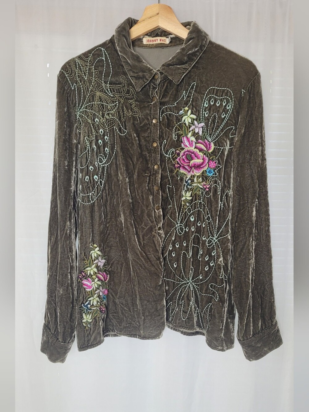 Johnny Was Green Button Up Large Velvety Rayon Silk Blend Floral Boho